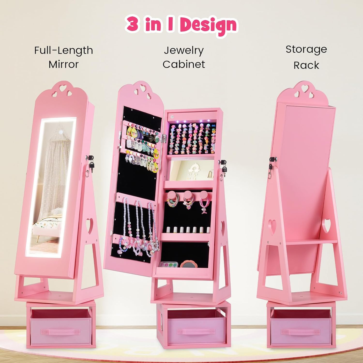 OLAKIDS Kids Jewelry Armoire Cabinet, 360° Swivel Lockable Standing Makeup Organizer