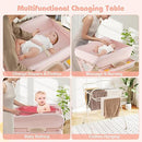 INFANS Baby Changing Table with Wheels, Portable Folding Diaper Station Nursery Organizer with Storage Basket, Hanging Rack, Adjustable Height, Safety Belt for Newborn Infant