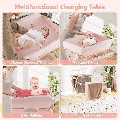 INFANS Baby Changing Table with Wheels, Portable Folding Diaper Station Nursery Organizer with Storage Basket, Hanging Rack, Adjustable Height, Safety Belt for Newborn Infant