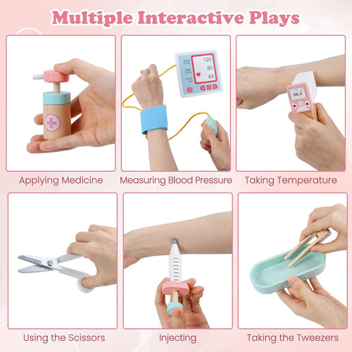 OLAKIDS Doctor Playset Wooden Pretend Medical Station Activity Center Toy Set for Toddler