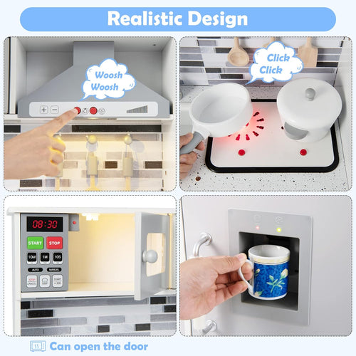 OLAKIDS Wooden Pretend Kitchen Playset for Toddlers with Realistic Light, Sound, Microwave & Storage Cabinet