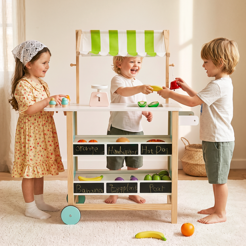 OLAKIDS Wooden Grocery Store Marketplace Toy, Supermarket Pretend Play, Extra Storage 6 Ice Creams Scales Bells Chalkboards, Fun Indoor Farmer's Market Stand Set Gift for Ages 3+