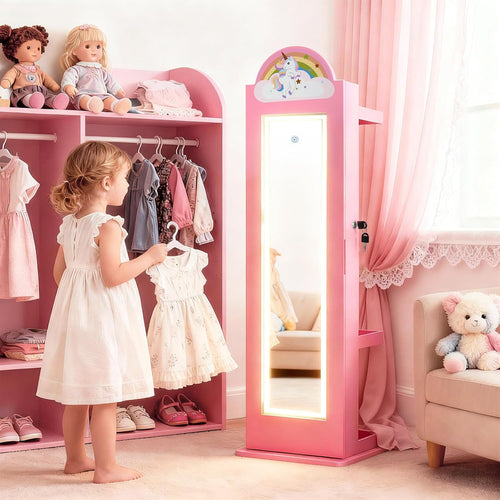OLAKIDS Kids Jewelry Armoire Cabinet, 360° Swivel Lockable Standing Makeup Organizer