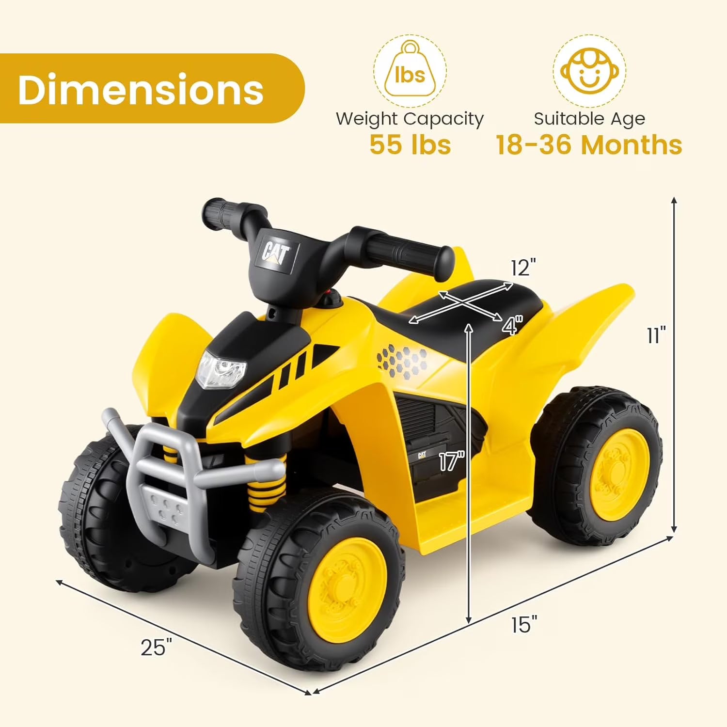 Licensed Caterpillar Kids ATV by OLAKIDS, 6V 4 Wheeler Battery Powered Motorized Quad with LED Headlight Horn for Boys Girls Ages 1.5-3