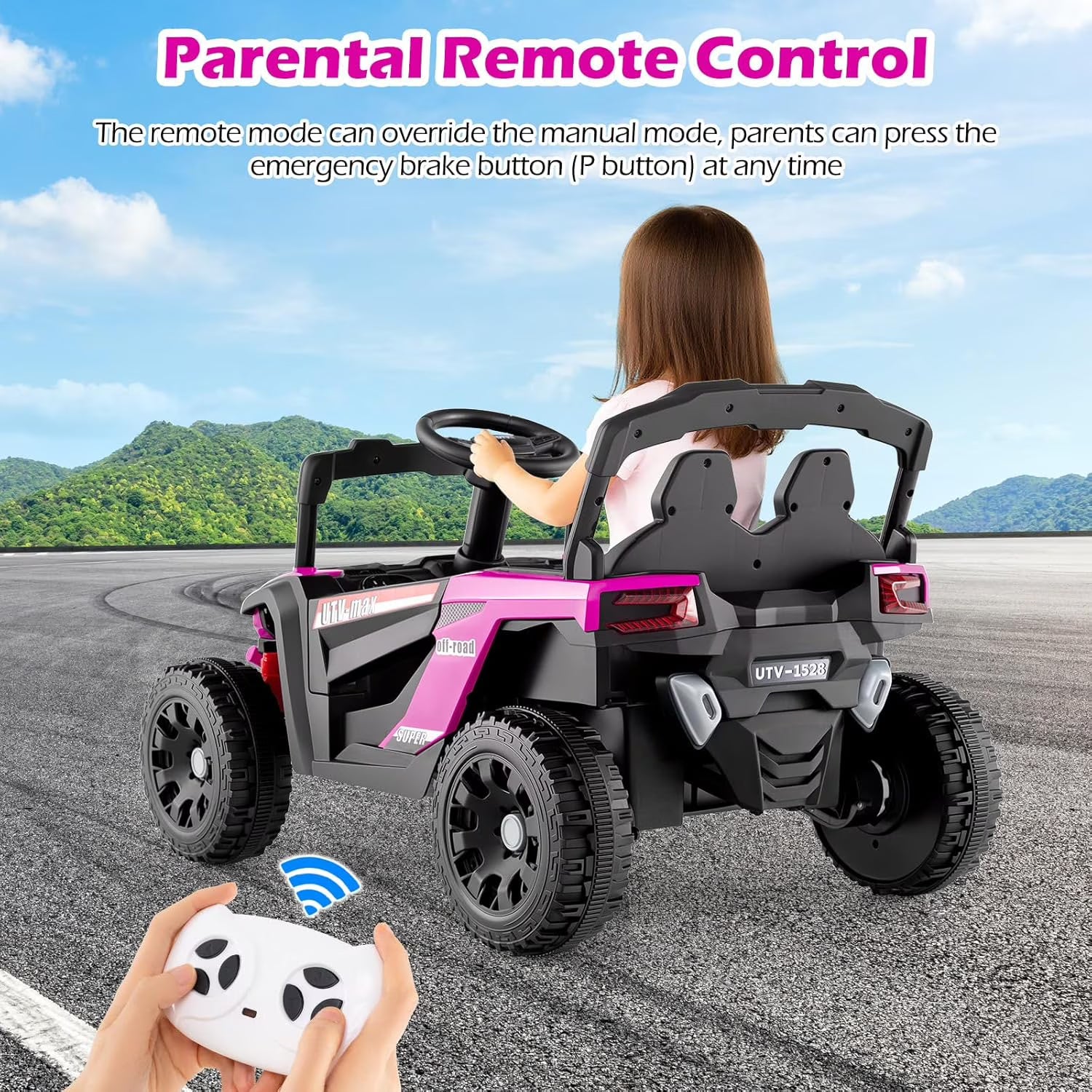 OLAKIDS 12V Ride on Car UTV, Electric Off-Road Truck with Remote Control, Lockable Doors, Safety Belt, Horn, Music, Lights, 4 Wheeler Toys for Kids Toddlers Aged 3+ Years