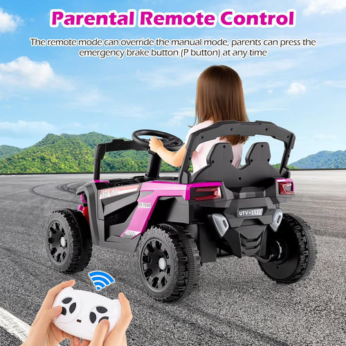 OLAKIDS 12V Ride on Car UTV, Electric Off-Road Truck with Remote Control, Lockable Doors, Safety Belt, Horn, Music, Lights, 4 Wheeler Toys for Kids Toddlers Aged 3+ Years