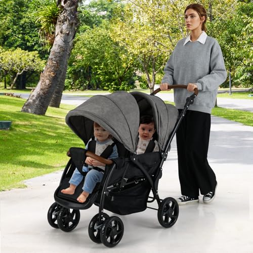 INFANS Double Stroller, Foldable Baby Tandem Stroller with Djustable Backrest Canopy Footrest