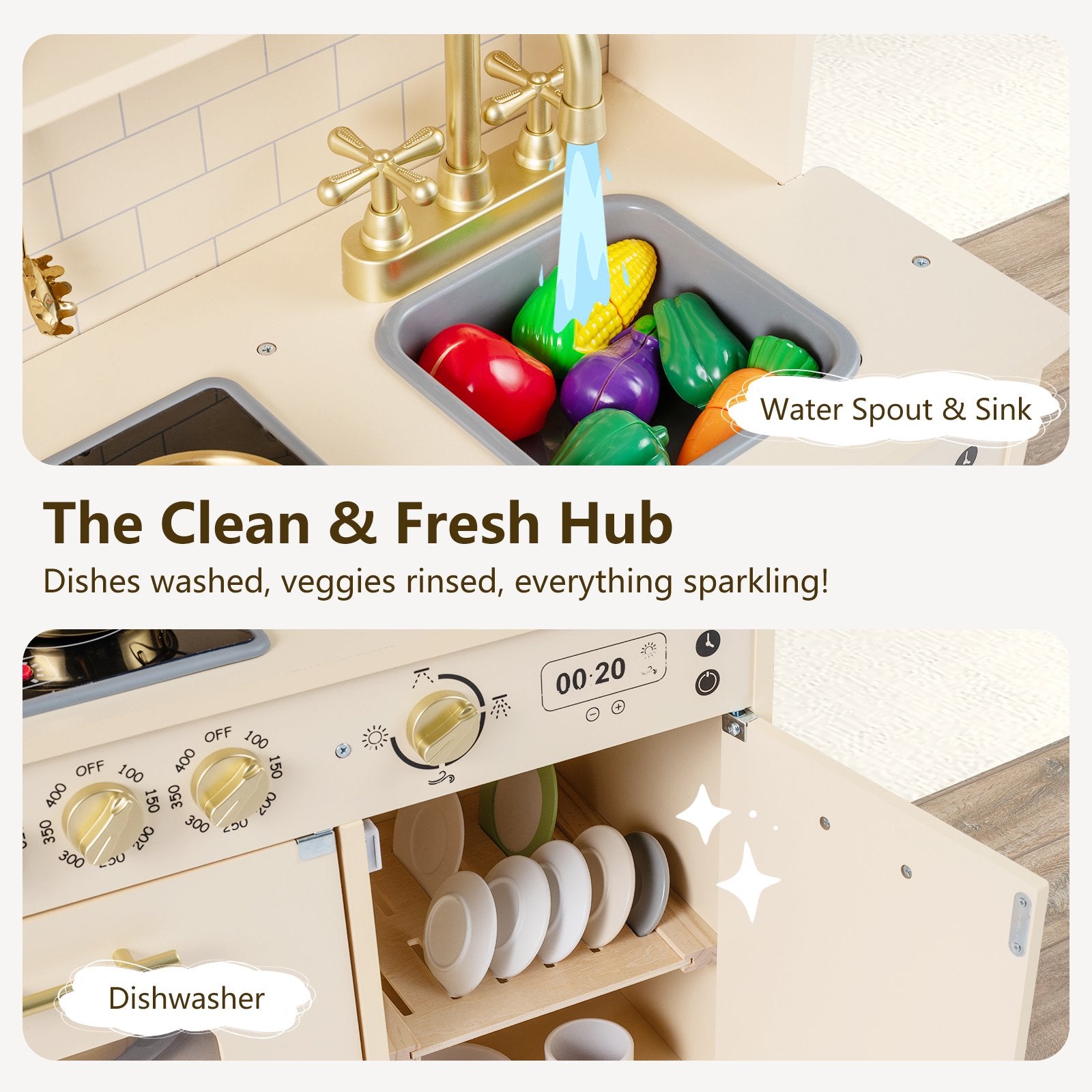 OLAKIDS Wooden Play Kitchen with Lights, Sounds, Dishwasher & Coffee Machine, Pretend Cooking Set for Ages 3+