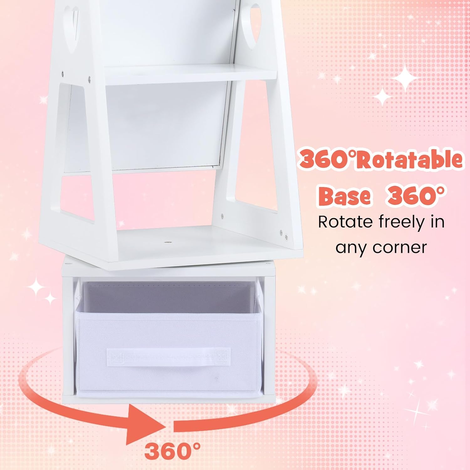 OLAKIDS Kids Jewelry Armoire Cabinet, 360° Swivel Lockable Standing Makeup Organizer