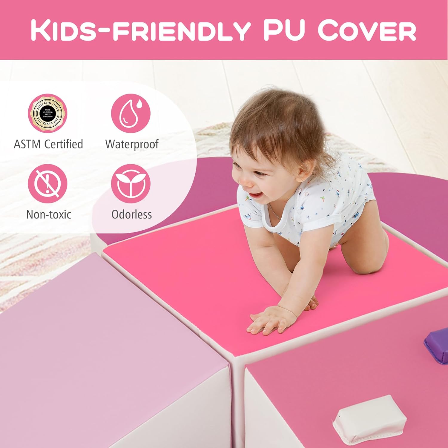 Olakids Climbing Toys for Toddlers, 6 Pieces Baby Foam Blocks Soft Play Set with PU Leather