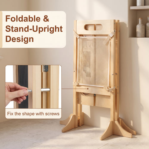 OLAKIDS Foldable 4-in-1 Wooden Toddler Tower, 2-Step Standing Stool with Chalkboard, Kitchen Helper for Kids 3+
