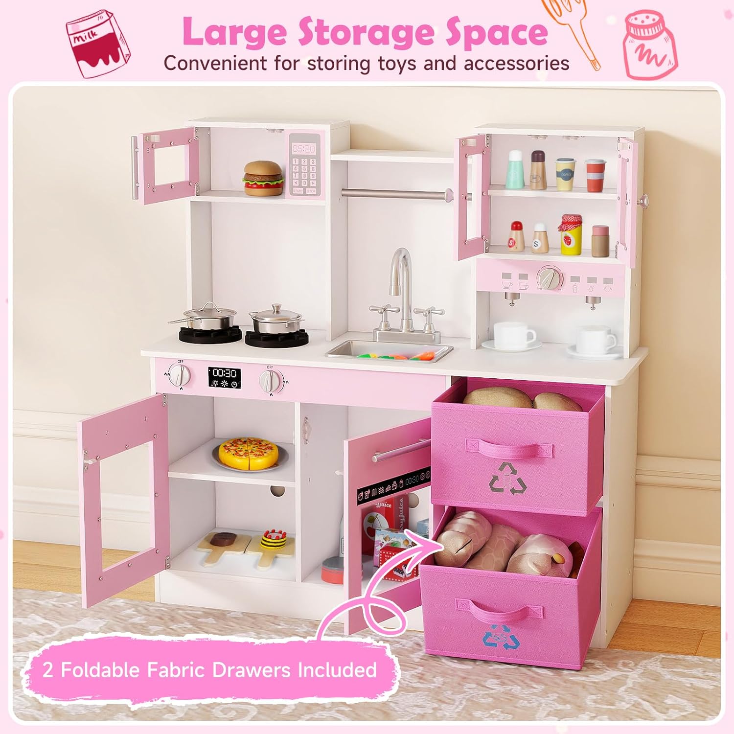 OLAKIDS Wooden Toddler Kitchen Playset with Realistic Lights, Sounds & Appliances