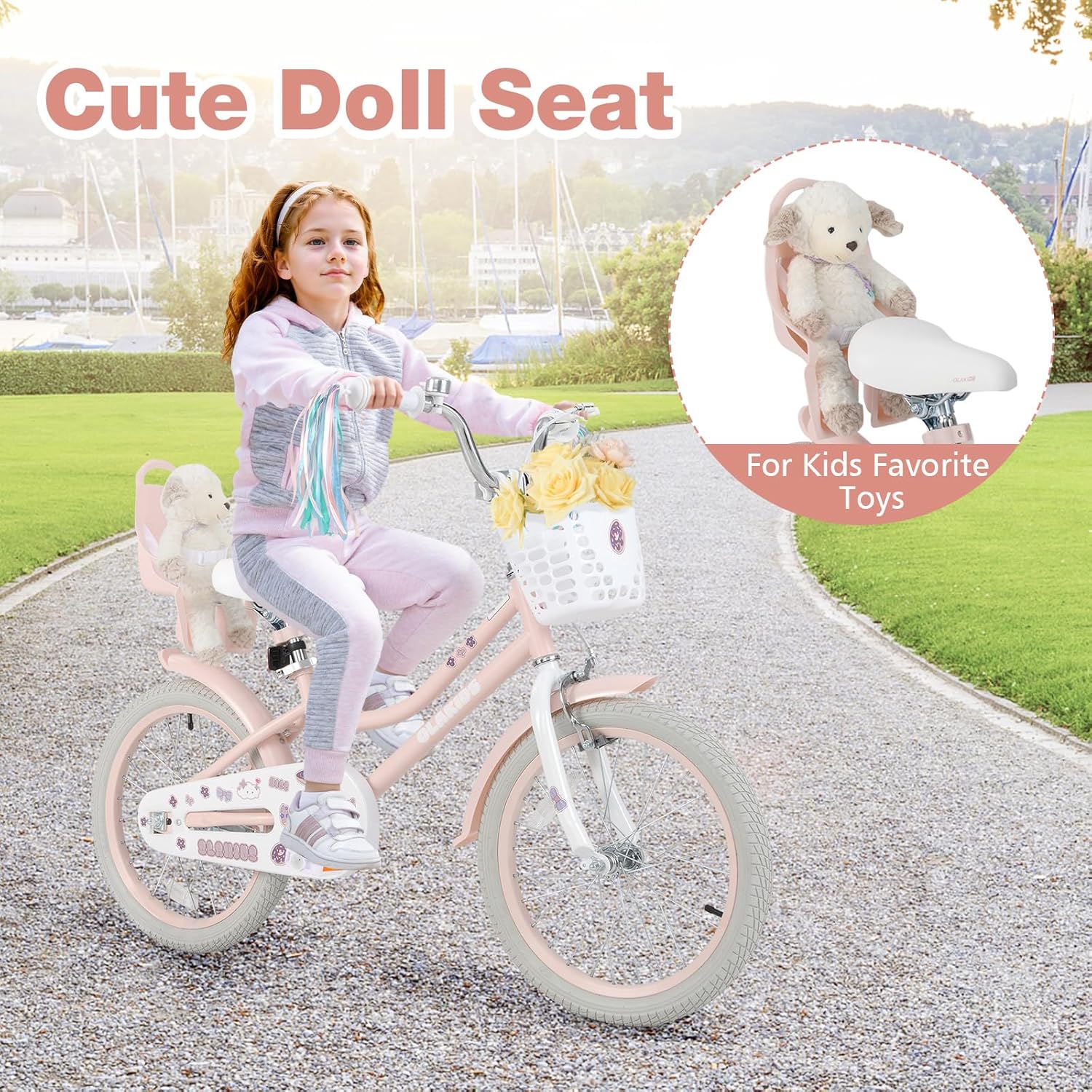 Olakids Girls Bike 12-18 Inch with Doll Seat Training Wheels Basket Dual Brakes, 20 Inch Without Training Wheels