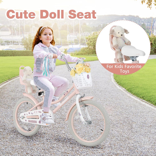 Olakids Girls Bike 12-18 Inch with Doll Seat Training Wheels Basket Dual Brakes, 20 Inch Without Training Wheels