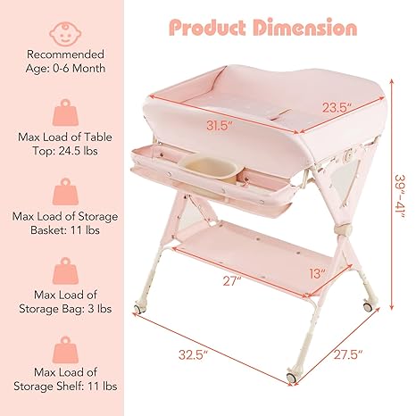 INFANS Baby Changing Table with Wheels, Portable Folding Diaper Station Nursery Organizer with Storage Basket, Hanging Rack, Adjustable Height, Safety Belt for Newborn Infant