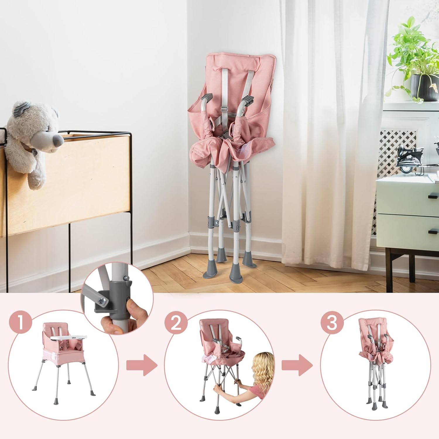 INFANS Baby High Chair, Foldable Portable Highchair for Babies and Toddlers with Travel Bag Adjustable Tray, 5 Point Harness, Compact Space Saver Infant Feeding Chair (Grey)