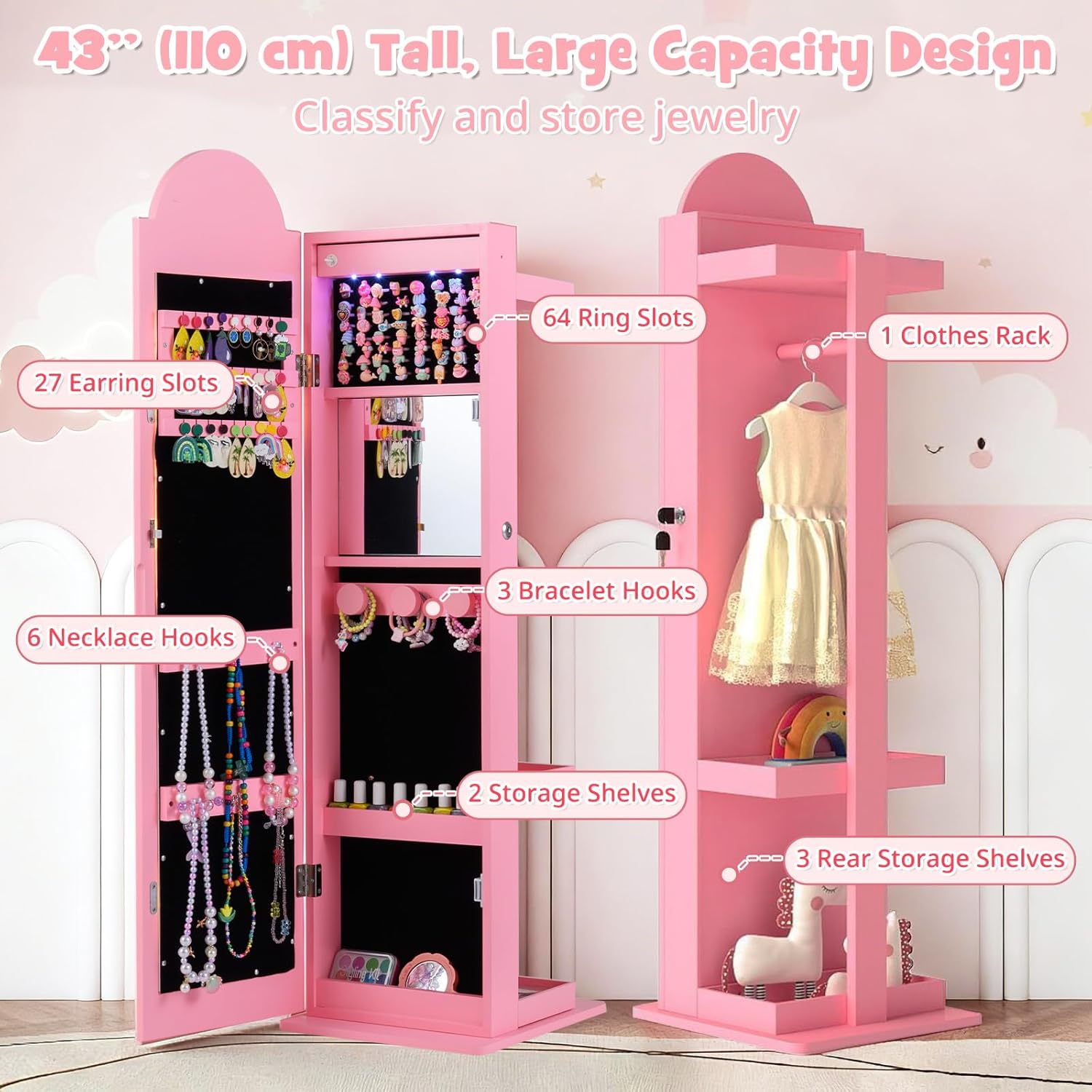 OLAKIDS Kids Jewelry Armoire Cabinet, 360° Swivel Lockable Standing Makeup Organizer