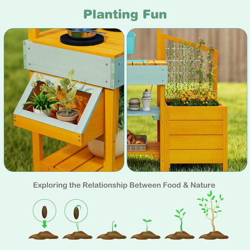 OLAKIDS Wooden Mud Kitchen Outdoor Play Kitchen with Faucet Sink Chalkboard for Kids 3+