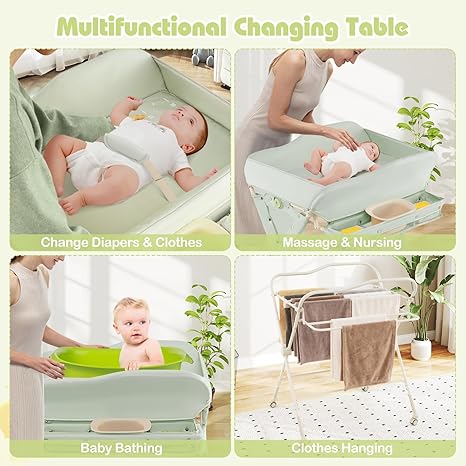 INFANS Baby Changing Table with Wheels, Portable Folding Diaper Station Nursery Organizer with Storage Basket, Hanging Rack, Adjustable Height, Safety Belt for Newborn Infant