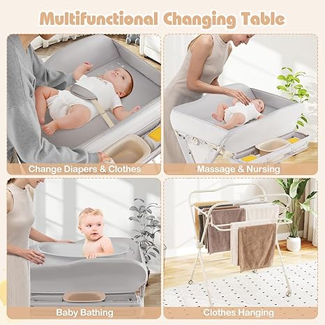INFANS Baby Changing Table with Wheels, Portable Folding Diaper Station Nursery Organizer with Storage Basket, Hanging Rack, Adjustable Height, Safety Belt for Newborn Infant