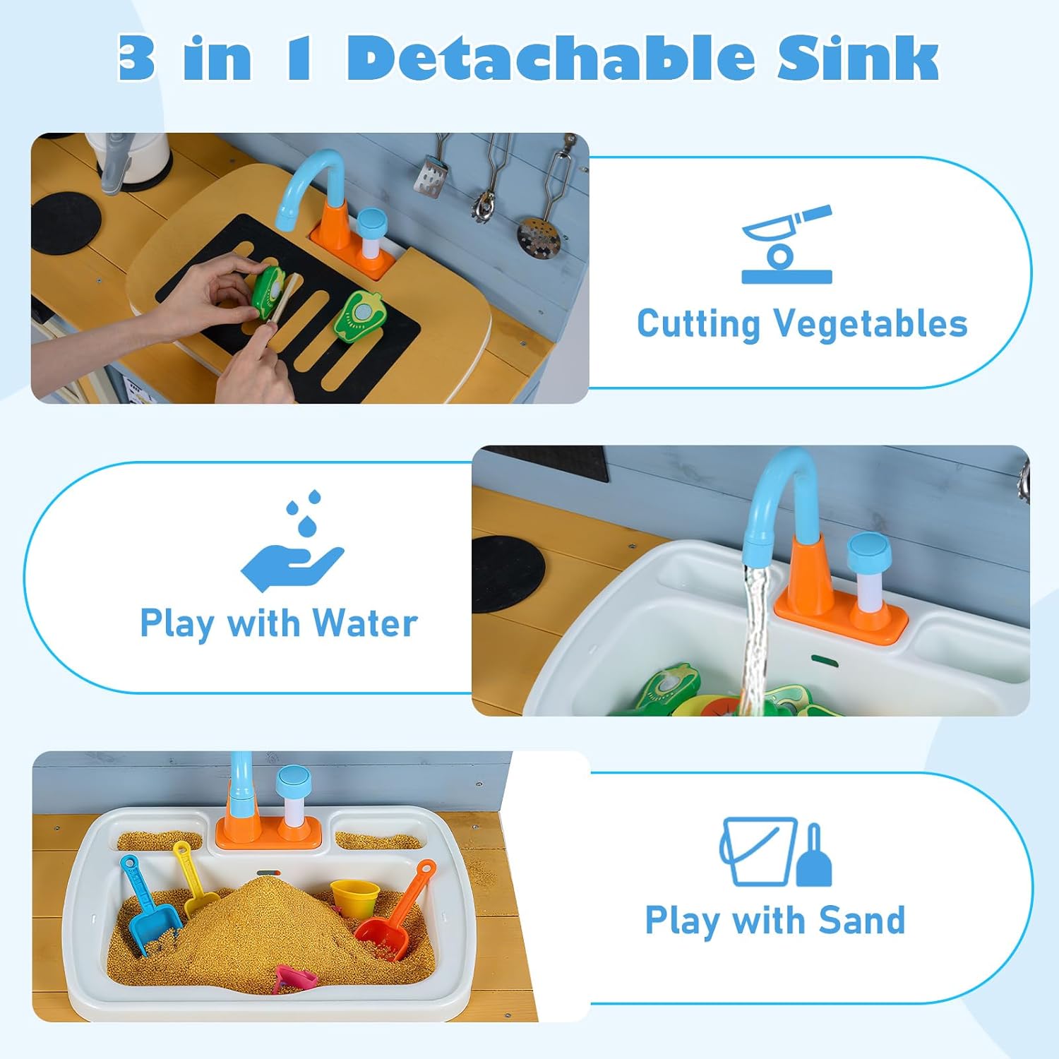 OLAKIDS Wooden Outdoor Mud Kitchen with Sink, Chalkboard & Stove for Kids