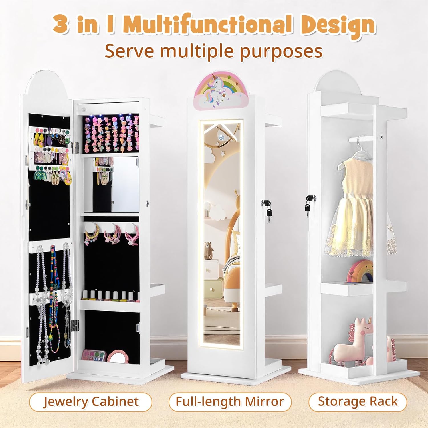 OLAKIDS Kids Jewelry Armoire Cabinet, 360° Swivel Lockable Standing Makeup Organizer