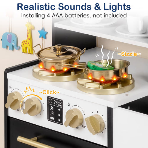 OLAKIDS Kids Kitchen Playset, Wooden Pretend Play Kitchen with Realistic Light Sound 14 Accessories, Toddler Cooking Toy for Boys Girls Aged 3+