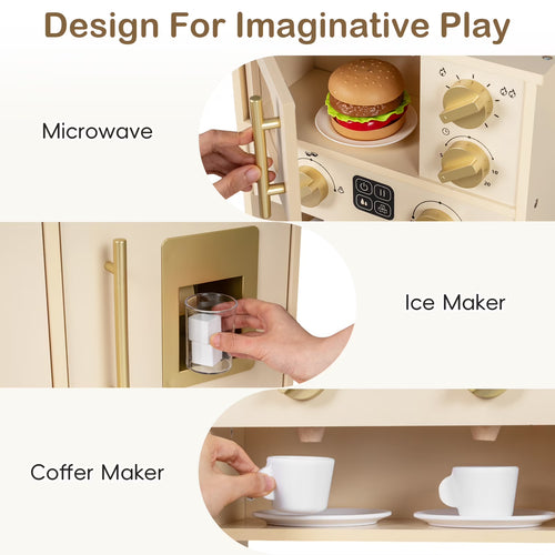OLAKIDS Kids Kitchen Playset, Wooden Pretend Play Kitchen with Realistic Light Sound 14 Accessories, Toddler Cooking Toy for Boys Girls Aged 3+