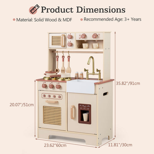 OLAKIDS Play Kitchen, Wooden Kids Cooking Toy with Realistic Lights Sounds, Ice Maker, Microwave, 14 Pretend Play Accessories for Boys Girls Ages 3+