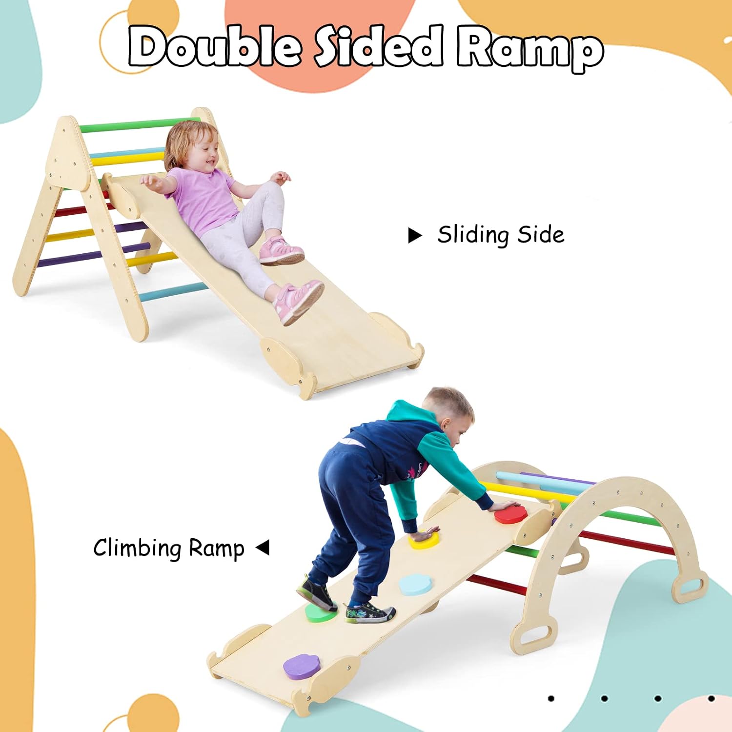 Olakids Pikler Triangle Set 7 in 1 Climbing Toys for 1-3 Inside Foldable Wood Montessori Jungle Gym