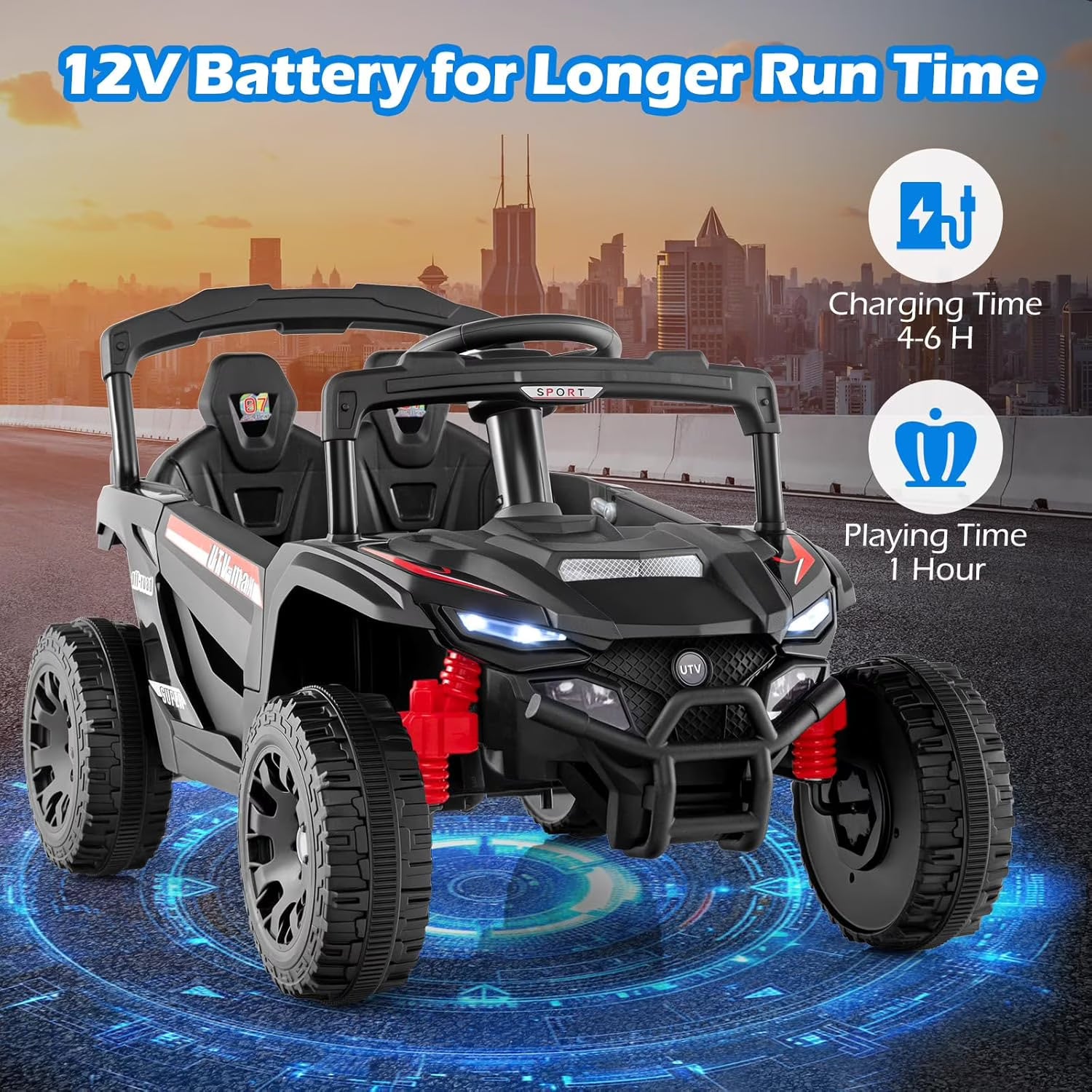 OLAKIDS 12V Ride on Car UTV, Electric Off-Road Truck with Remote Control, Lockable Doors, Safety Belt, Horn, Music, Lights, 4 Wheeler Toys for Kids Toddlers Aged 3+ Years