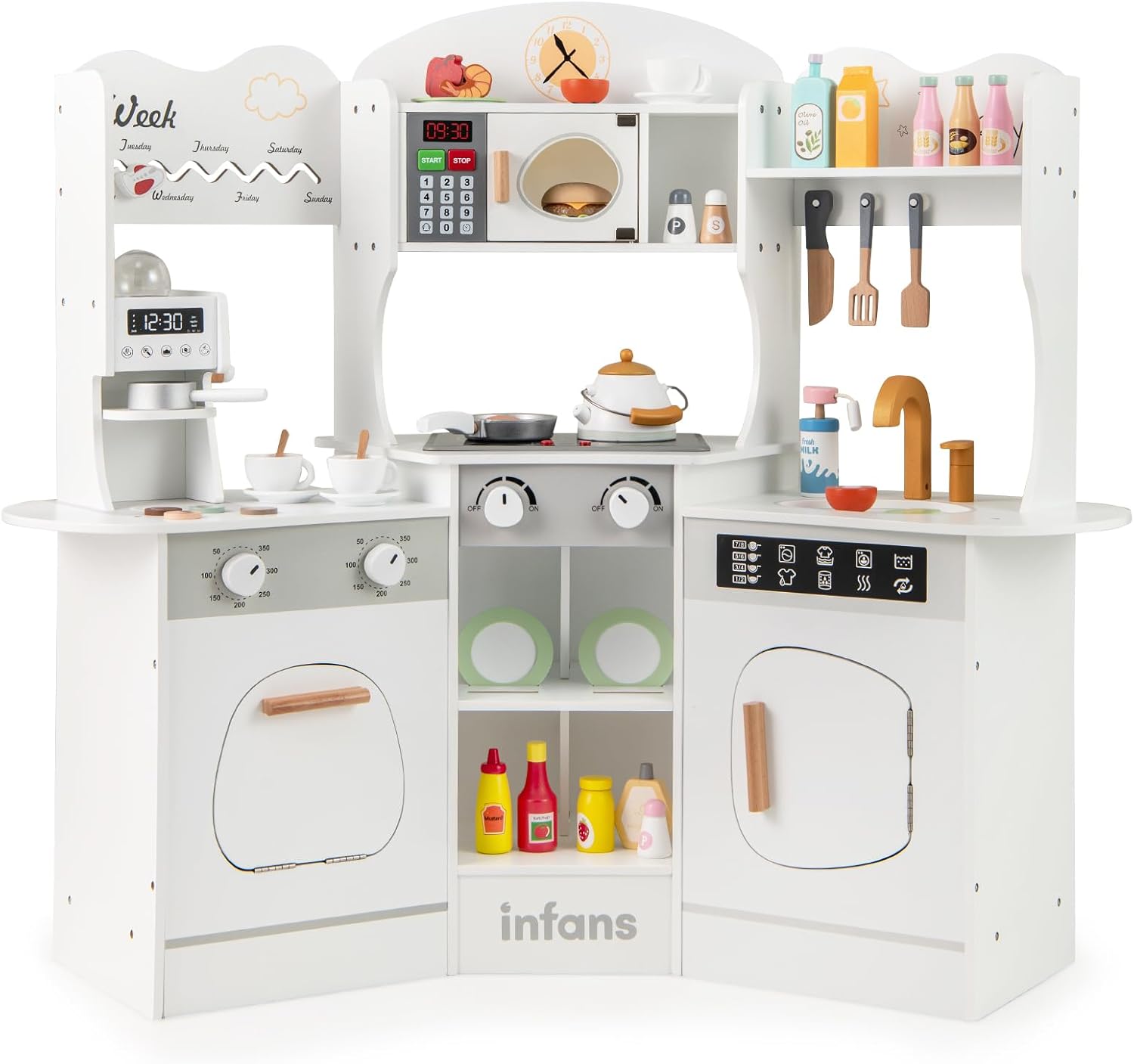 OLAKIDS Corner Kids Kitchen Playset, Toddler Wooden Pretend Cooking Set with Lights Sounds Coffee Machine Washing Dishwasher, Stove Removable Sink Storage, Simulation Play Kitchen Toy