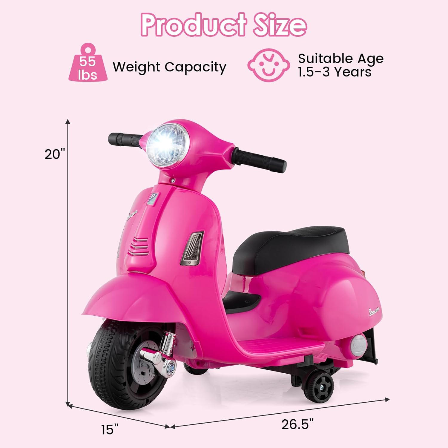 Licensed Vespa Scooter Kids Motorcycle by OLAKIDS, 6V Ride on Electric Motorcycle with Training Wheels