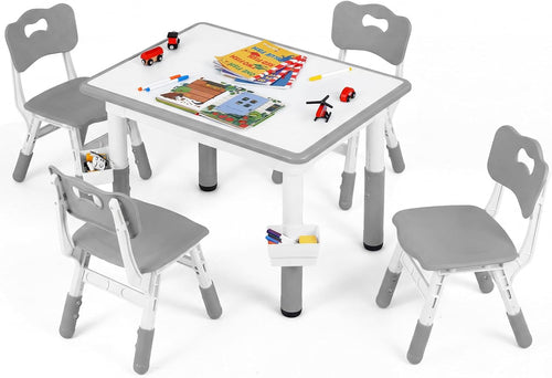 Olakids Kids Table and 4 Chairs Set, Height Adjustable Children Activity Desk for Learning Dining Arts Crafts