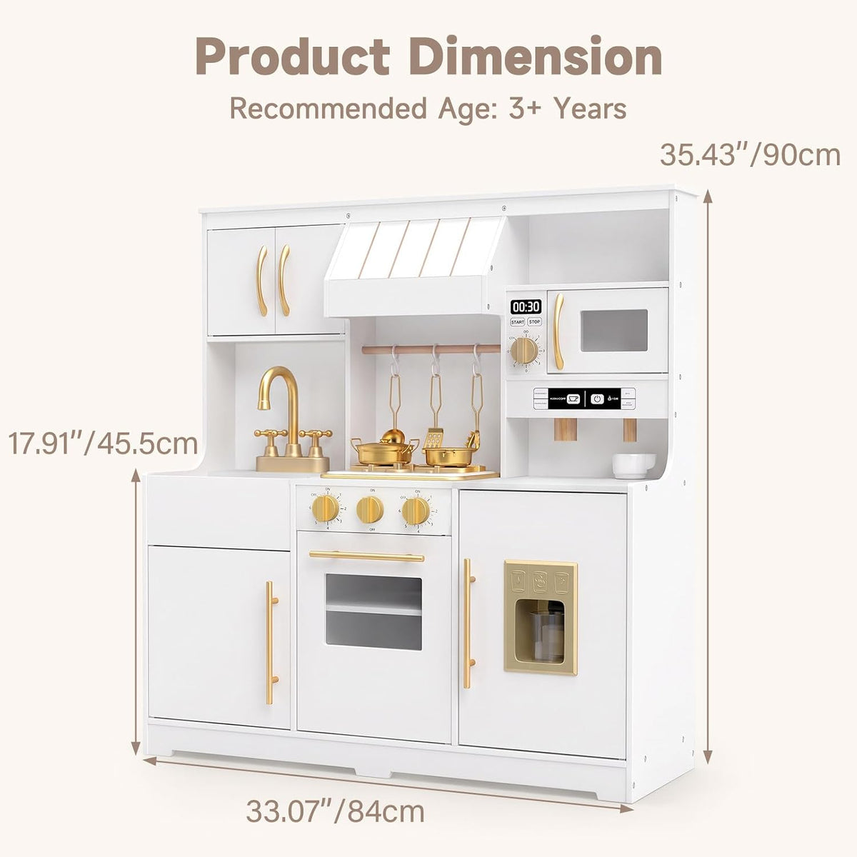 OLAKIDS Wooden Toy Kitchen Set with Lights Sounds Ice Machine Coffee Maker 12Pcs Accessories for Kids Ages 3+