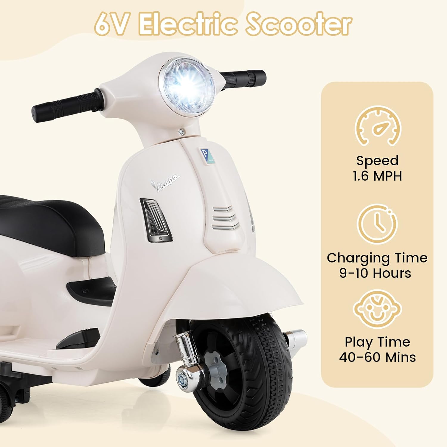 Licensed Vespa Scooter Kids Motorcycle by OLAKIDS, 6V Ride on Electric Motorcycle with Training Wheels