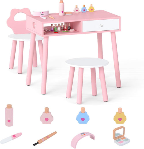 OLAKIDS Wooden Pretend Nail Salon Playset with Table, Stool & 8 Accessories