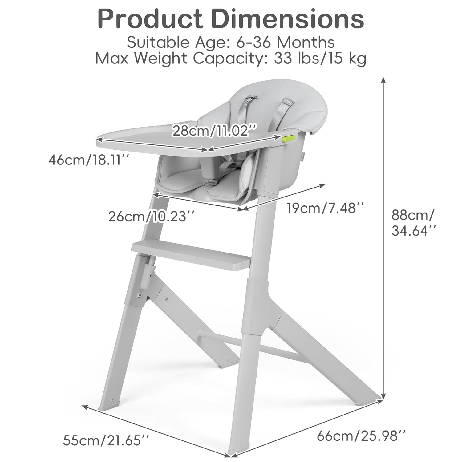 INFANS Washable Baby High Chair, Adjustable Tray, Lightweight, 5-Point Harness, for 6-36 Months Toddlers