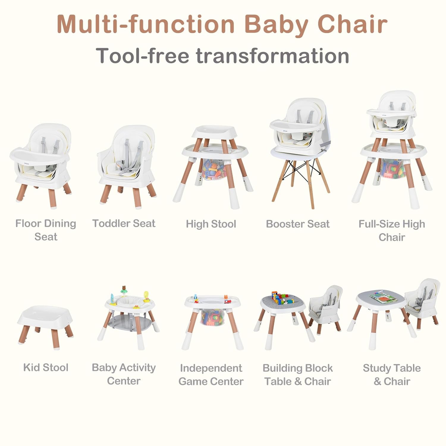 INFANS 9 in 1 High Chair, Convertible Baby Highchair, Table and Chair Set Building Block Infant Dining Booster Seat
