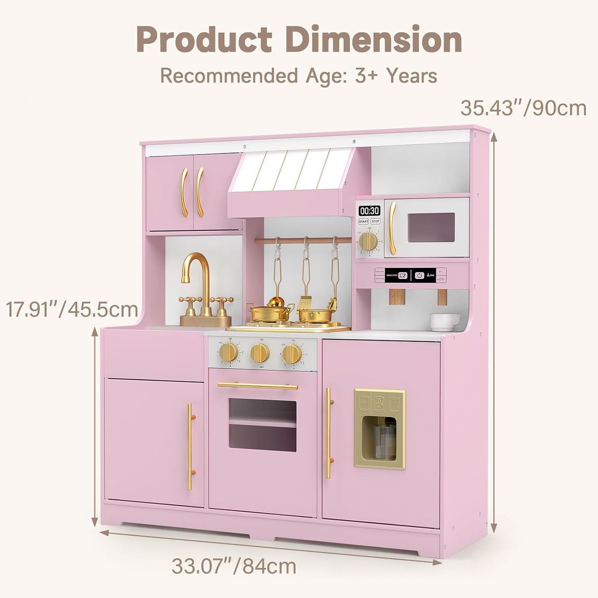 OLAKIDS Wooden Toy Kitchen Set with Lights Sounds Ice Machine Coffee Maker 12Pcs Accessories for Kids Ages 3+