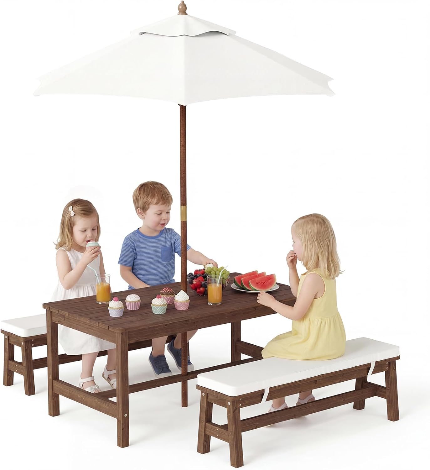 Olakids Kids Picnic Table, Outdoor Wooden Bench Set with Removable Cushions Adjustable Foldable Umbrella