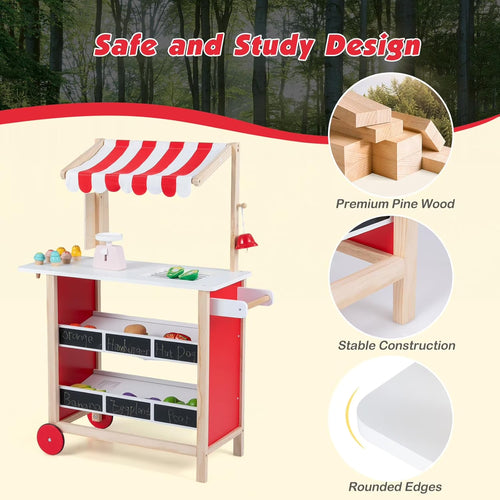 OLAKIDS Wooden Grocery Store Marketplace Toy, Supermarket Pretend Play, Extra Storage 6 Ice Creams Scales Bells Chalkboards, Fun Indoor Farmer's Market Stand Set Gift for Ages 3+