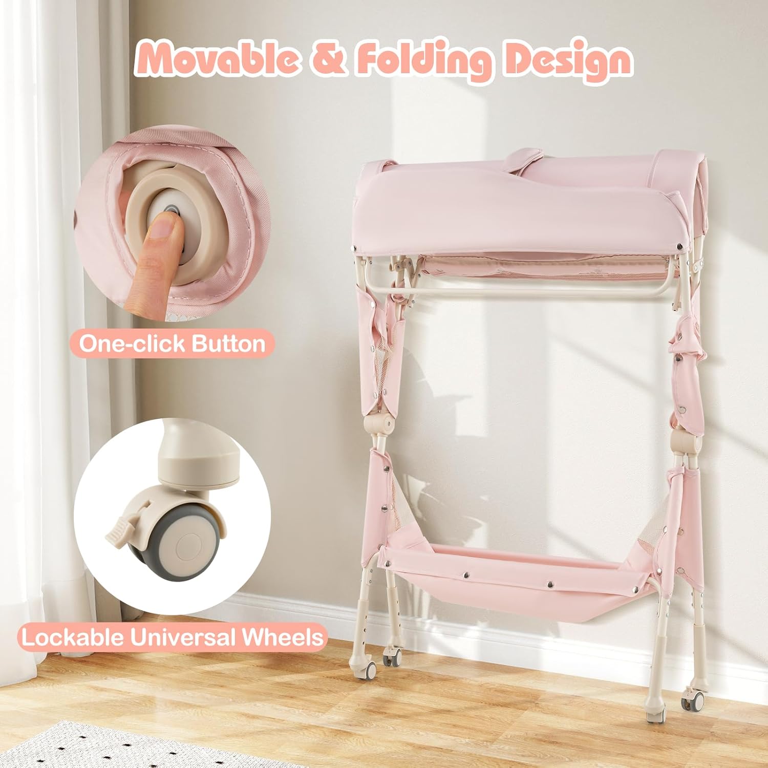 INFANS Baby Changing Table with Wheels, Portable Folding Diaper Station Nursery Organizer with Storage Basket, Hanging Rack, Adjustable Height, Safety Belt for Newborn Infant