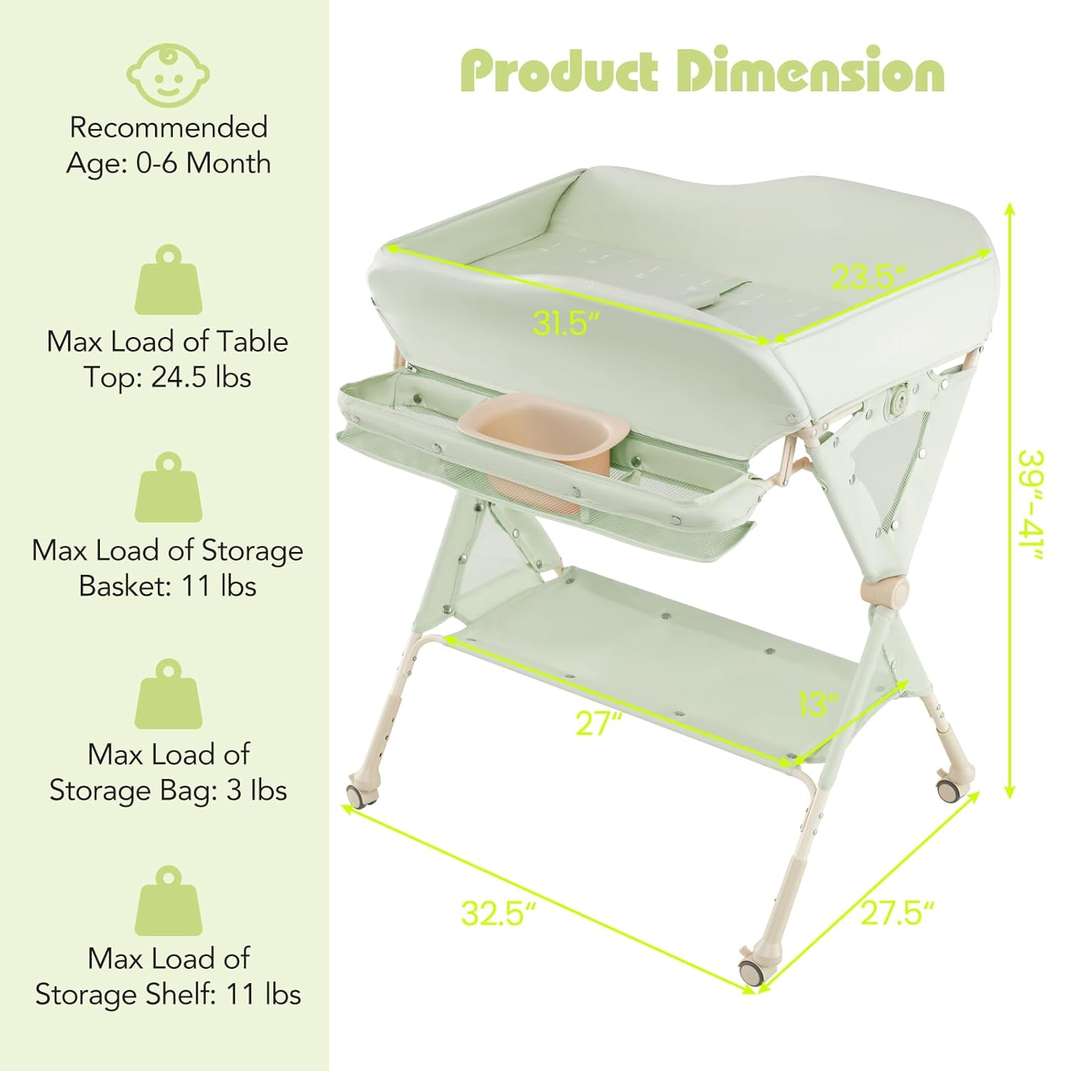INFANS Baby Changing Table with Wheels, Portable Folding Diaper Station Nursery Organizer with Storage Basket, Hanging Rack, Adjustable Height, Safety Belt for Newborn Infant