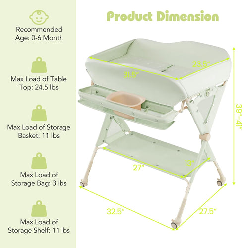 INFANS Baby Changing Table with Wheels, Portable Folding Diaper Station Nursery Organizer with Storage Basket, Hanging Rack, Adjustable Height, Safety Belt for Newborn Infant