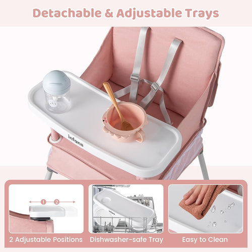 INFANS Baby High Chair, Foldable Portable Highchair for Babies and Toddlers with Travel Bag Adjustable Tray, 5 Point Harness, Compact Space Saver Infant Feeding Chair (Grey)