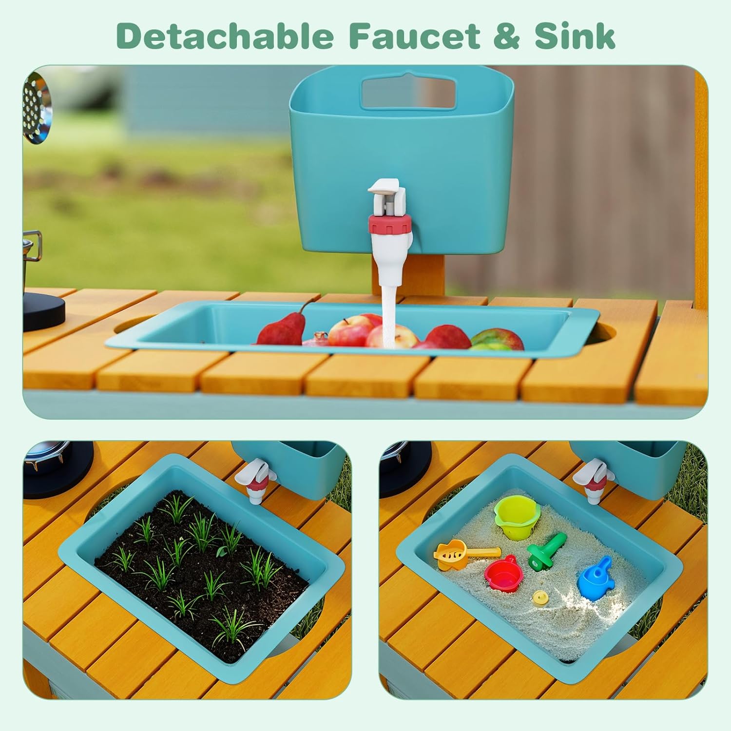 OLAKIDS Wooden Mud Kitchen Outdoor Play Kitchen with Faucet Sink Chalkboard for Kids 3+