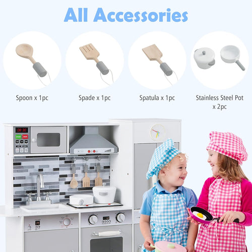 OLAKIDS Wooden Pretend Kitchen Playset for Toddlers with Realistic Light, Sound, Microwave & Storage Cabinet
