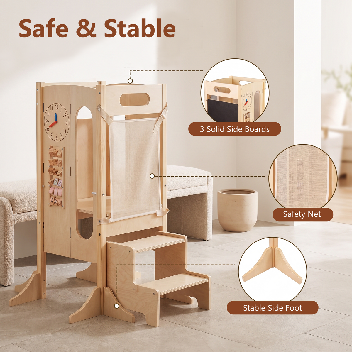 OLAKIDS Foldable 4-in-1 Wooden Toddler Tower, 2-Step Standing Stool with Chalkboard, Kitchen Helper for Kids 3+