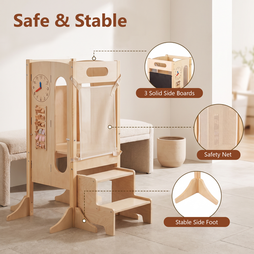 OLAKIDS Foldable 4-in-1 Wooden Toddler Tower, 2-Step Standing Stool with Chalkboard, Kitchen Helper for Kids 3+